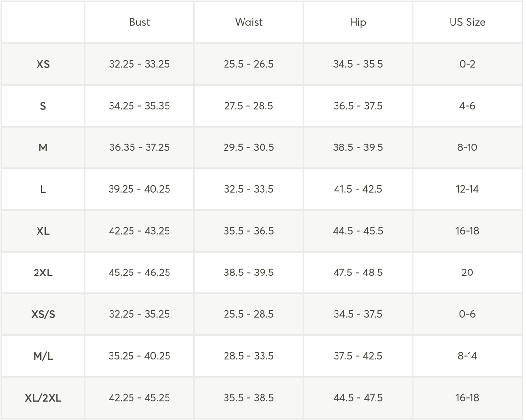 A size chart table showing measurements for Bust, Waist, Hip, and US Size acrossXS, S, M, L, XL, 2XL, XS/S, M/L, and XL/2XL.