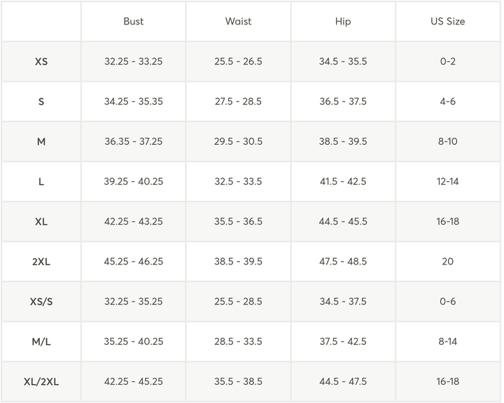 A size chart table showing measurements for Bust, Waist, Hip, and US Size acrossXS, S, M, L, XL, 2XL, XS/S, M/L, and XL/2XL.