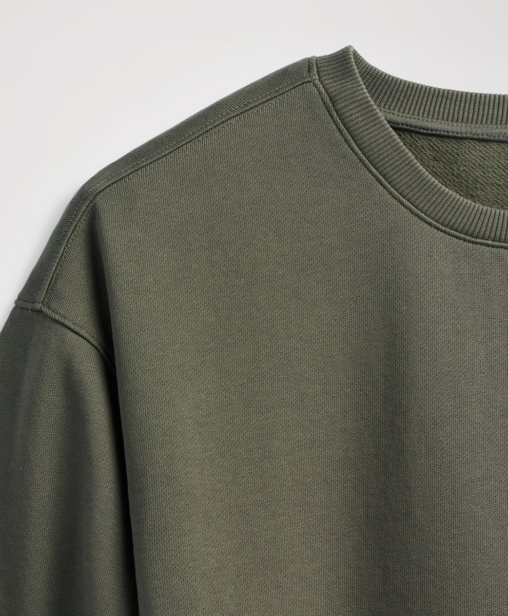 Close-up of a crewneck sweatshirt in dusted green, showing the ribbed collar and shoulder seam against a light gray background.