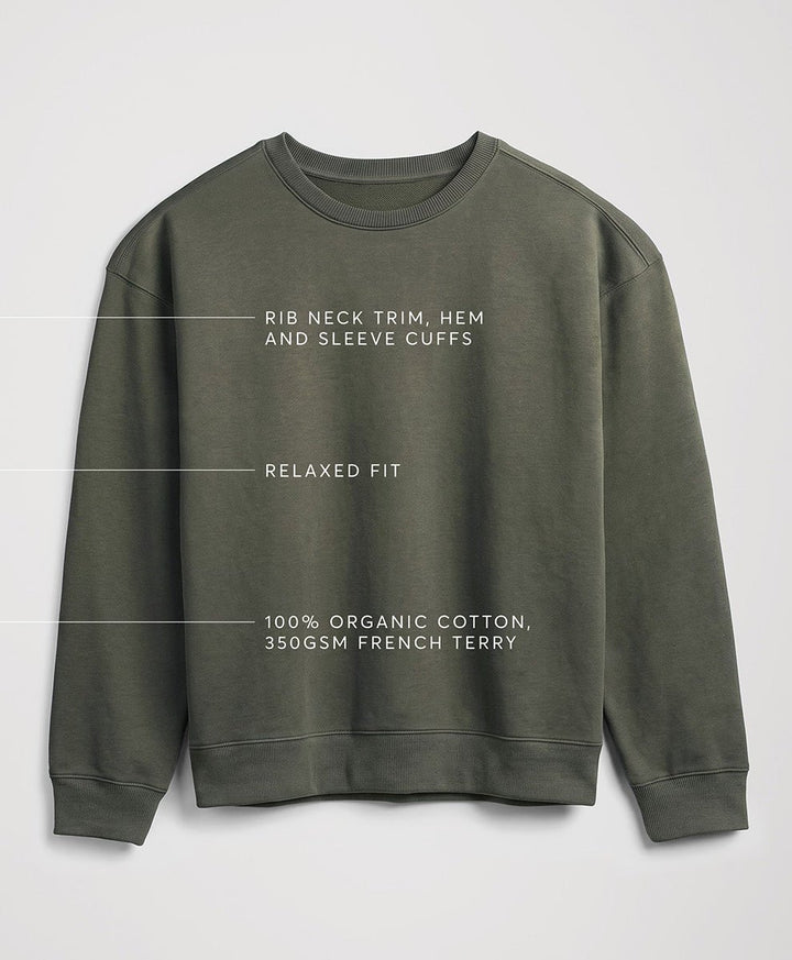 A pact dusted green sweatshirt shown on a plain white background.