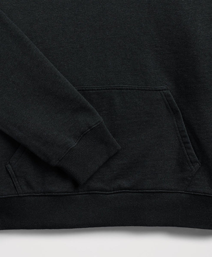 Close-up of a charcoal heather sweatshirt showing the sleeve cuff, ribbed hem, and a front kangaroo pocket.