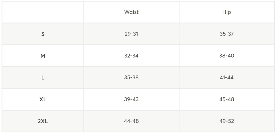 A size chart table showing waist and hip measurements by size category S, M, L, XL, and 2XL.