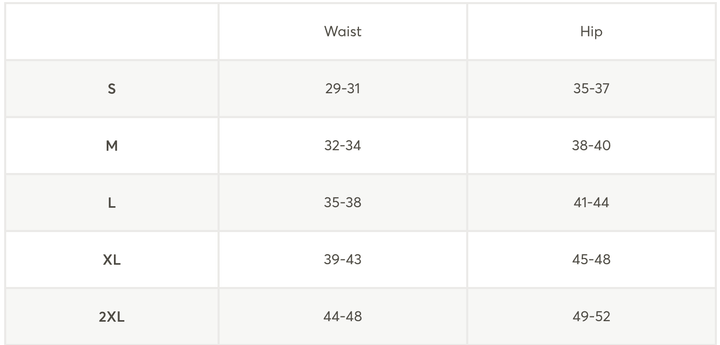 A size chart table showing waist and hip measurements by size category S, M, L, XL, and 2XL.