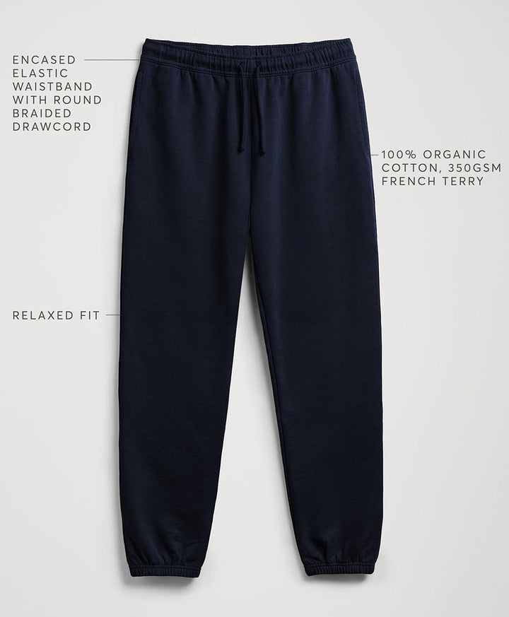 Navy blue jogger sweatpants with text callouts highlighting features like the enclosed elastic waistband, relaxed fit, and cotton fabric, shown on a light gray background.