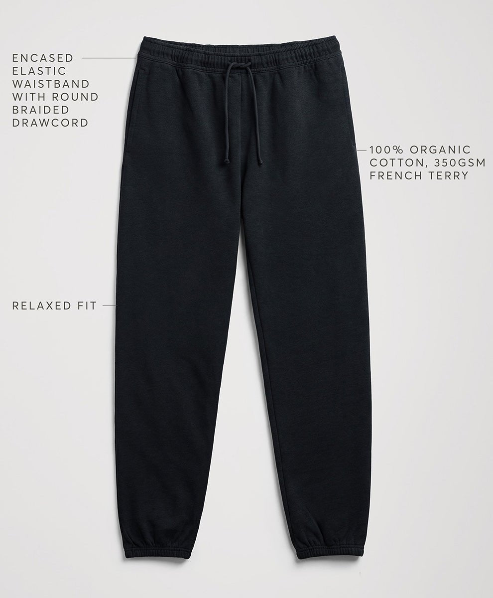 charcoal heather jogger sweatpants with text callouts highlighting features like the encased elastic waistband, relaxed fit, and 100% organic cotton fabric, shown on a light gray background.