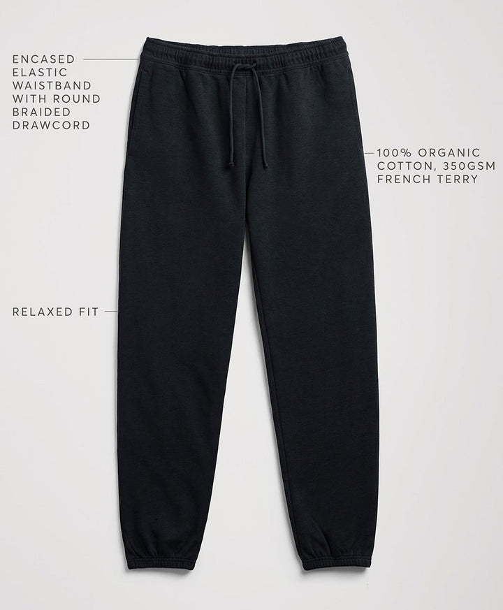 charcoal heather jogger sweatpants with text callouts highlighting features like the encased elastic waistband, relaxed fit, and 100% organic cotton fabric, shown on a light gray background.