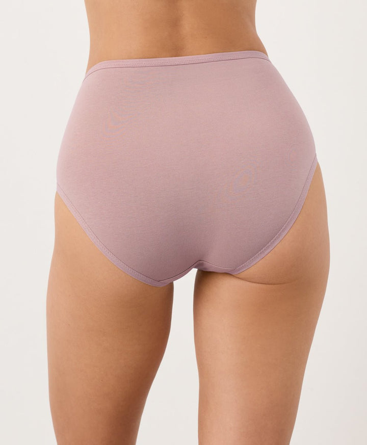 Person wearing mauve high-waisted underwear on a white background