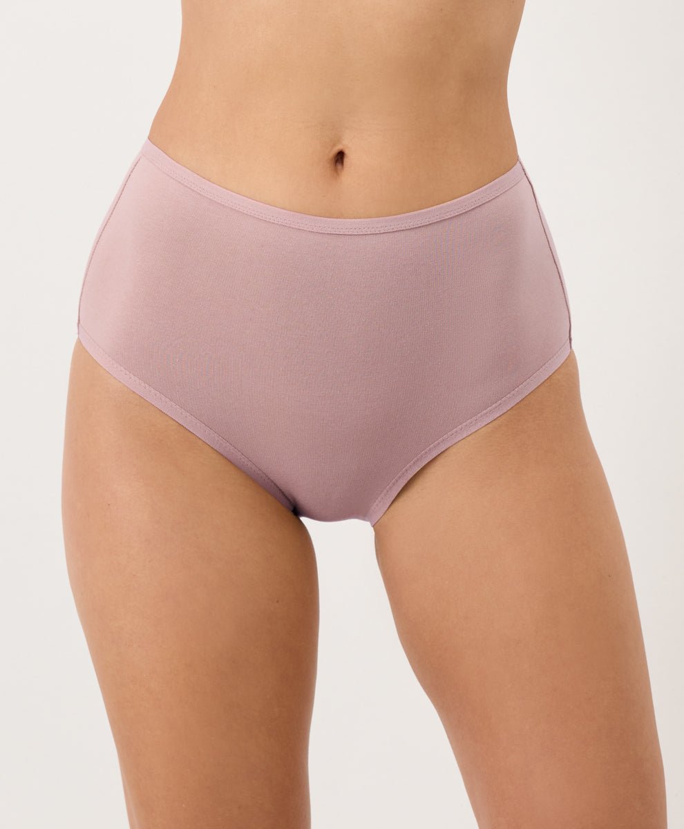 Person wearing mauve high-waisted underwear on a white background
