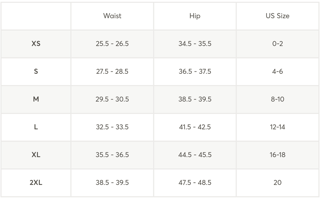 Size chart for waist, hip measurements, and US sizes.