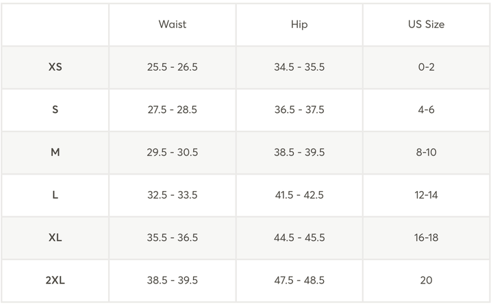 Size chart for waist, hip measurements, and US sizes.