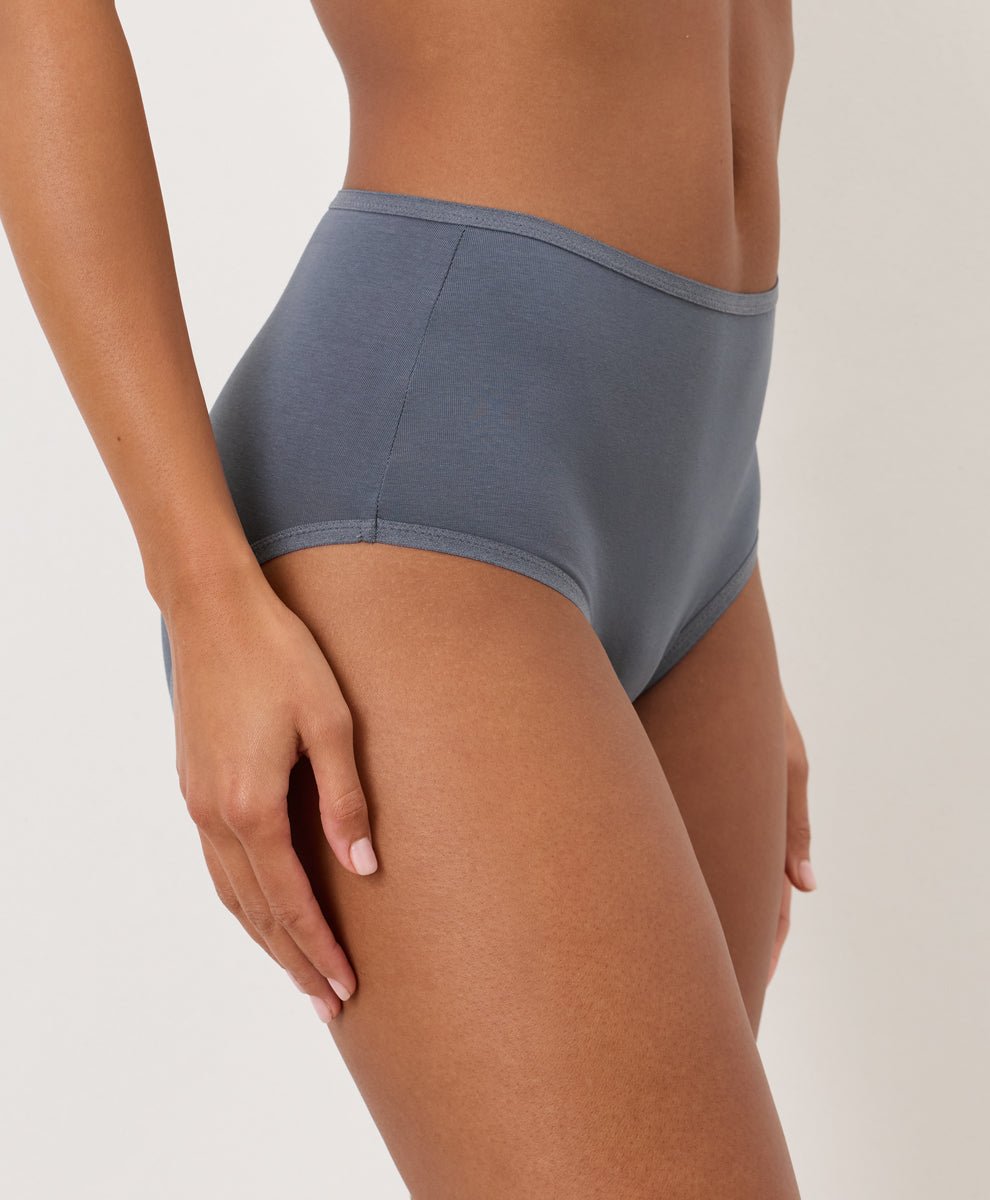 Smoke Blue high-waisted underwear worn by a person on a plain background