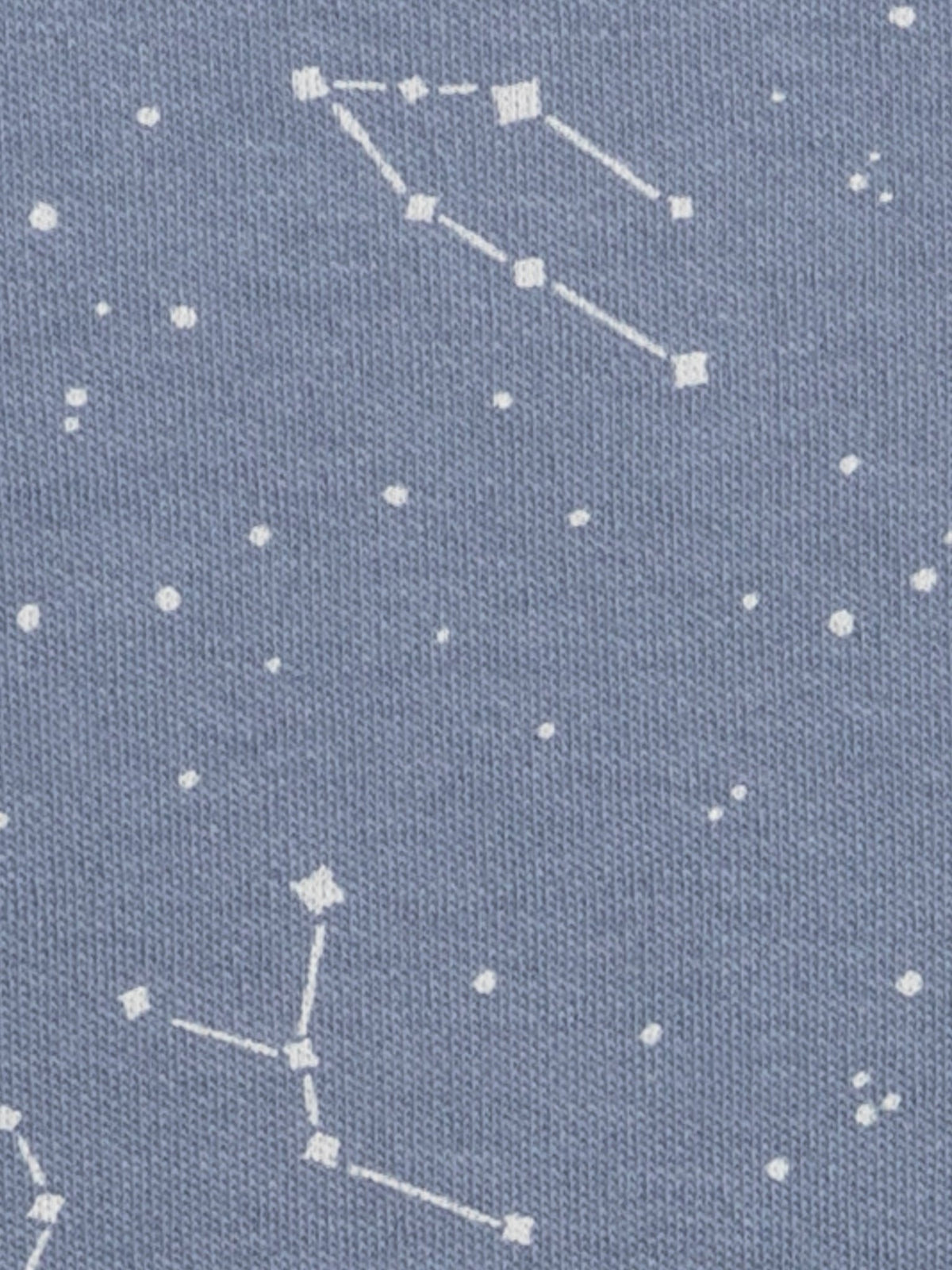 A close-up of a blue woven fabric with a white constellations and star pattern.