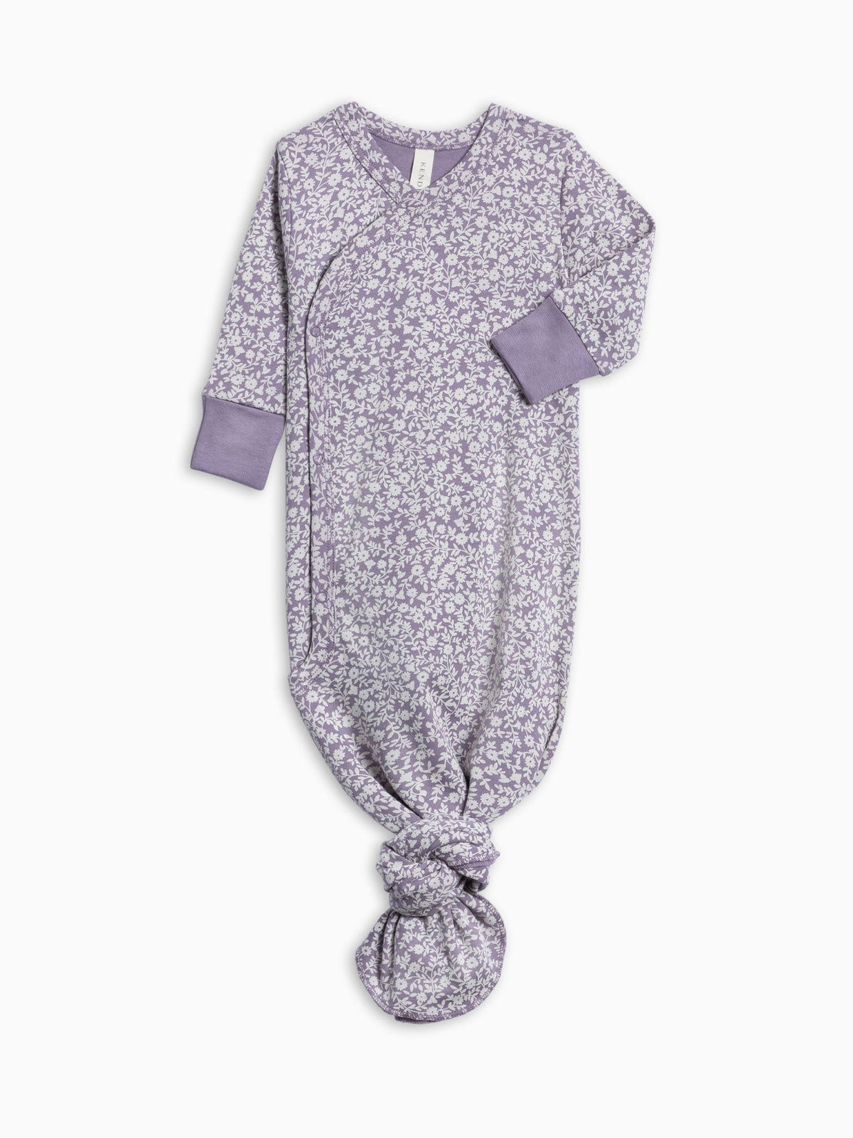 colored organics Indy Kimono Gown in gwen floral (light purple and white floral print), featuring solid purple cuffs and a knotted ankle, laid flat on a white background.
