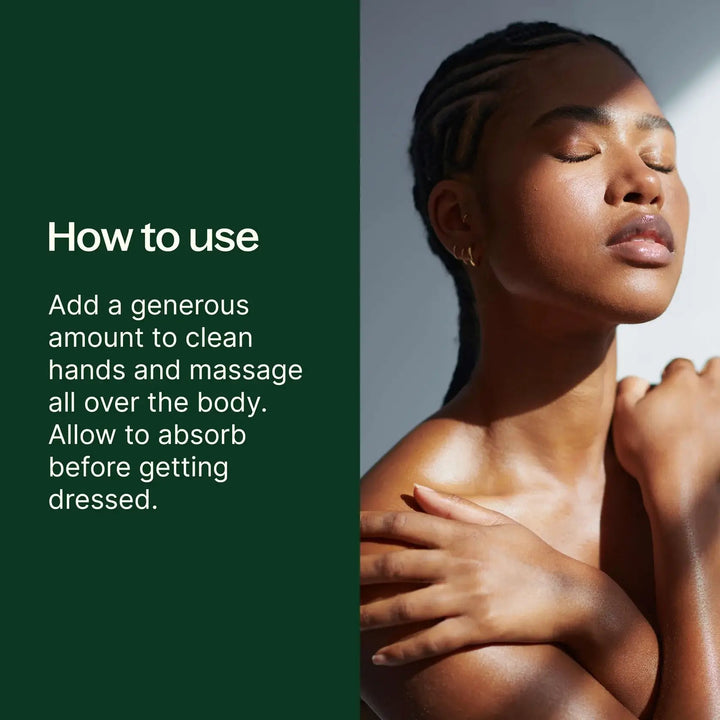 Woman massaging her skin with text on how to use a product