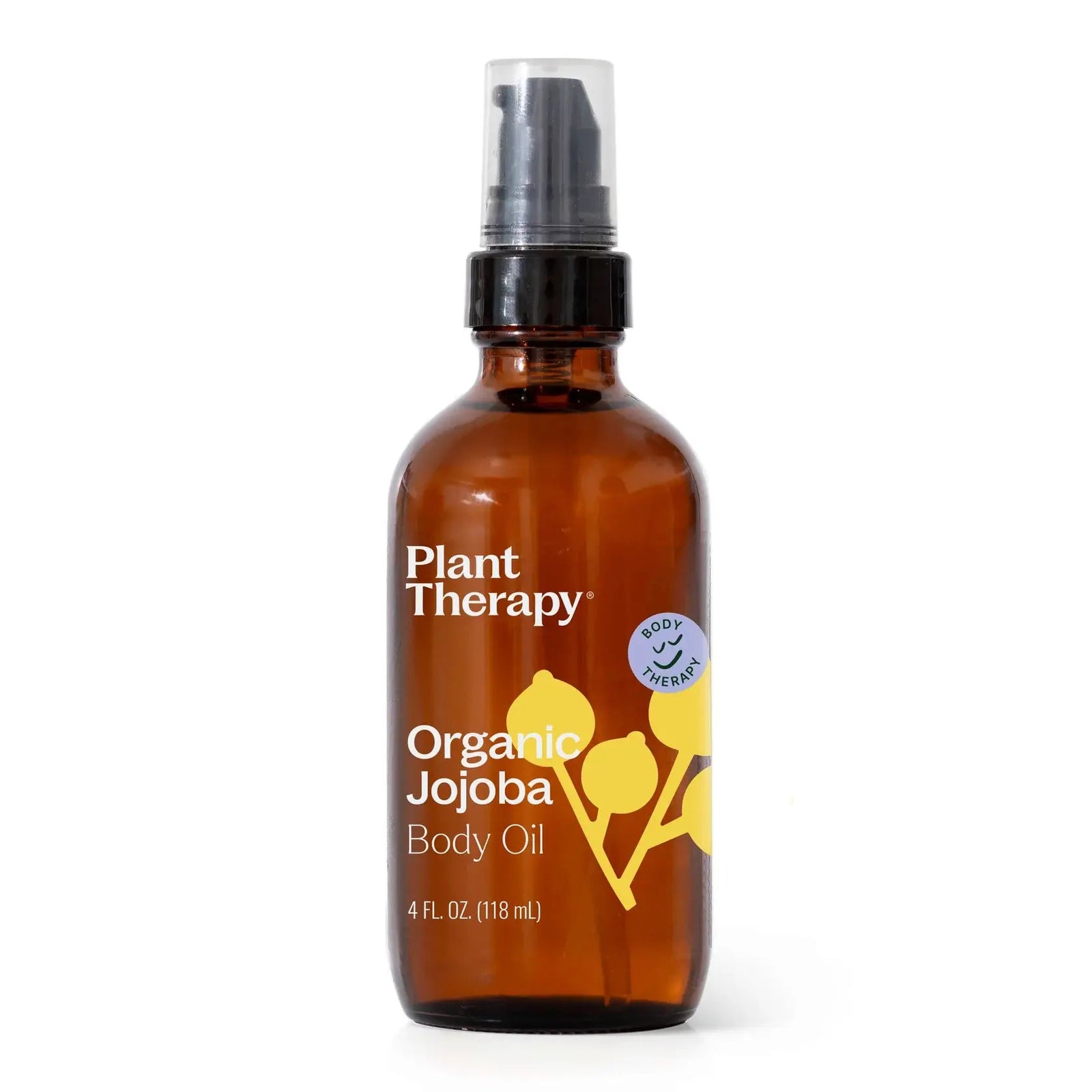 Brown glass bottle of Plant Therapy Organic Jojoba Body Oil on a white background