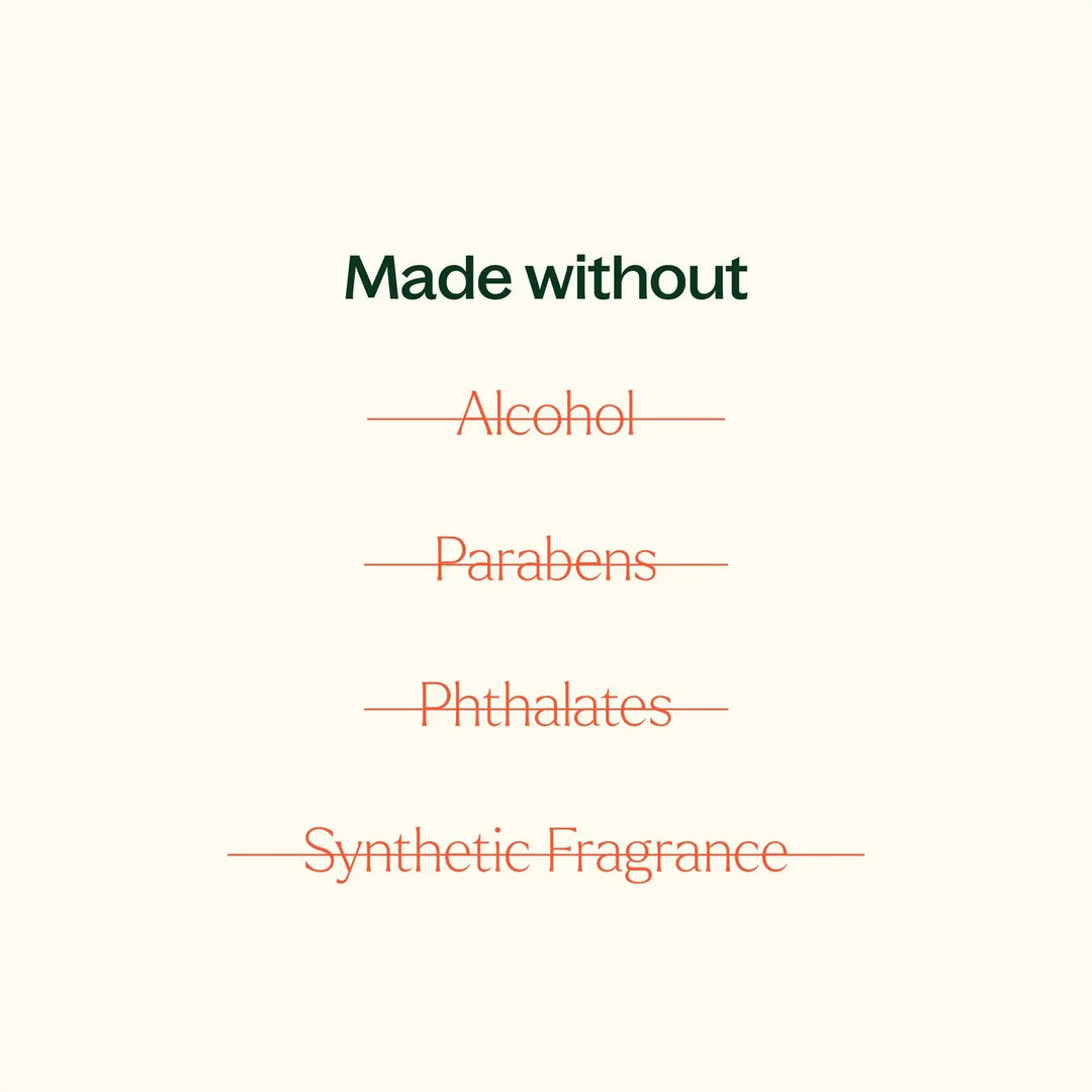 Text on a beige background listing ingredients not used in a product.