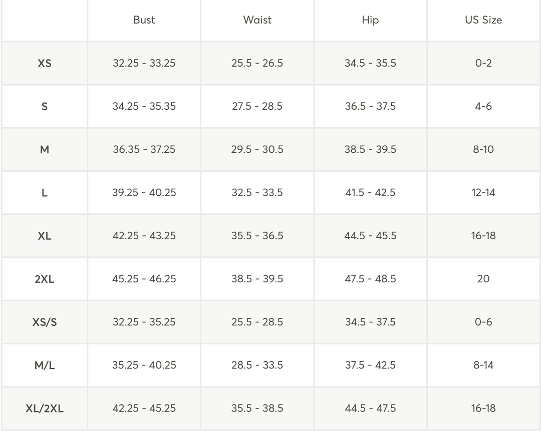 A size chart table showing measurements for Bust, Waist, Hip, and US Size, with labels forXS, S, M, L, XL, 2XL, XS/S, M/L, and XL/2XL.
