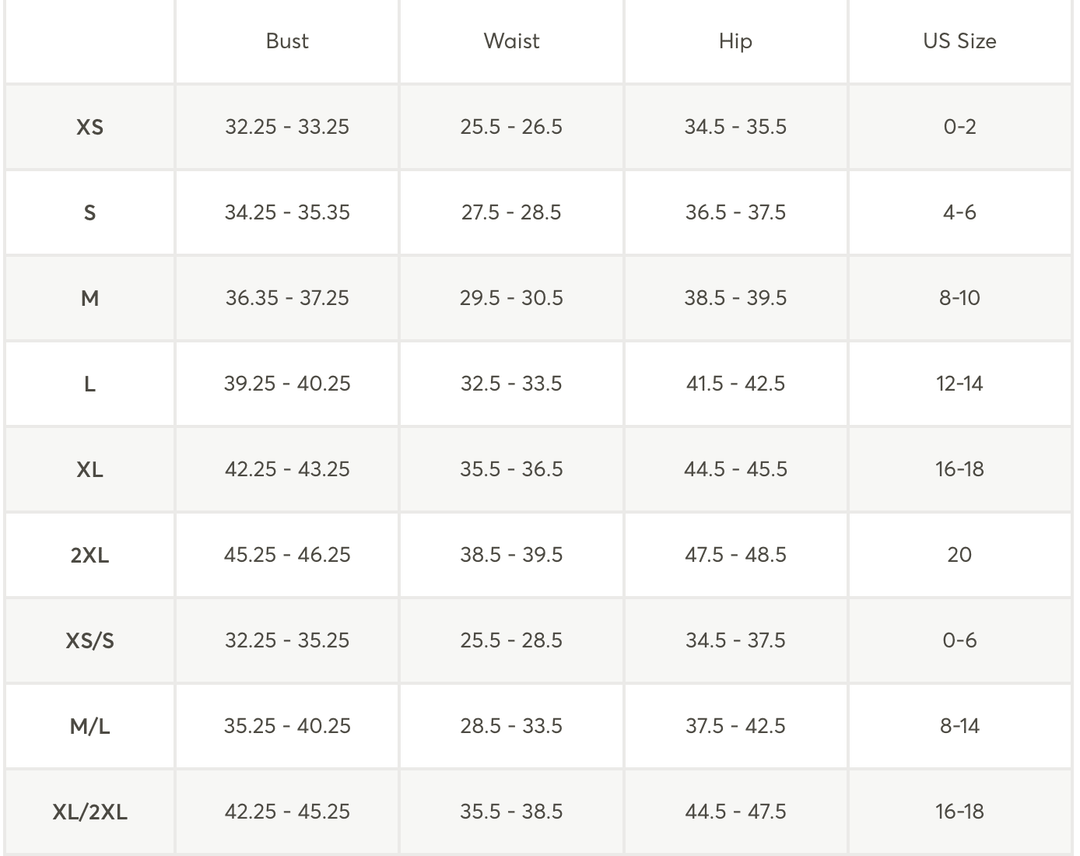 A size chart table showing measurements for Bust, Waist, Hip, and US Size, with labels from XS to XL/2XL.