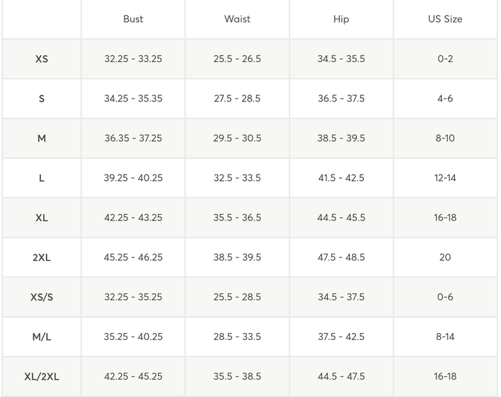 A size chart table showing measurements for Bust, Waist, Hip, and US Size, with labels from XS to XL/2XL.