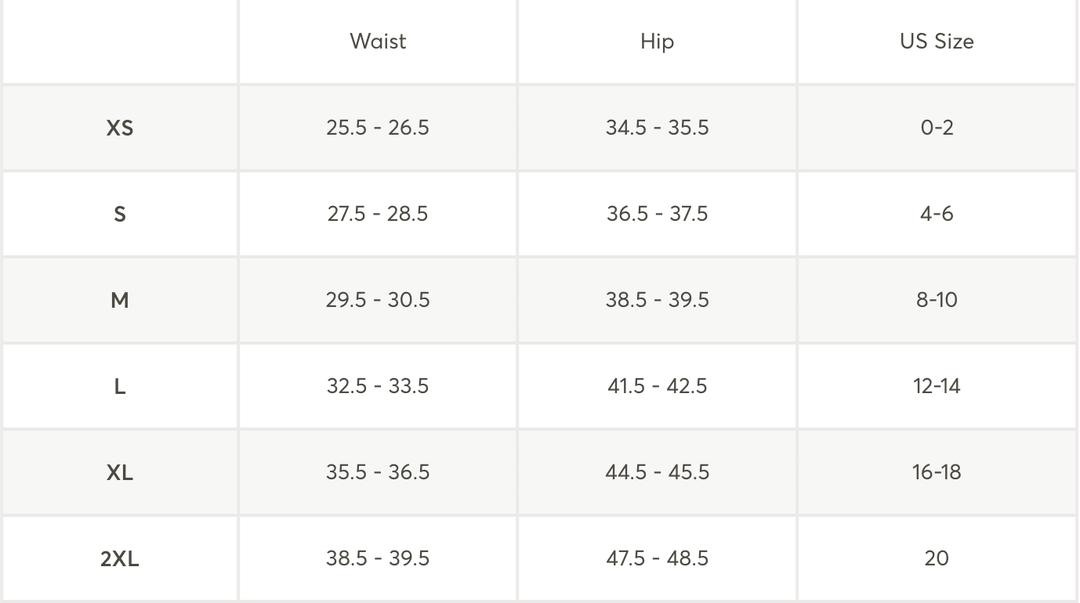 A size chart table showing waist, hip, and US size ranges forXS, S, M, L, XL, and 2XLL.