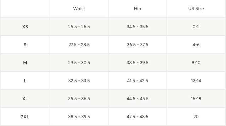 A size chart table showing waist, hip, and US size ranges forXS, S, M, L, XL, and 2XLL.