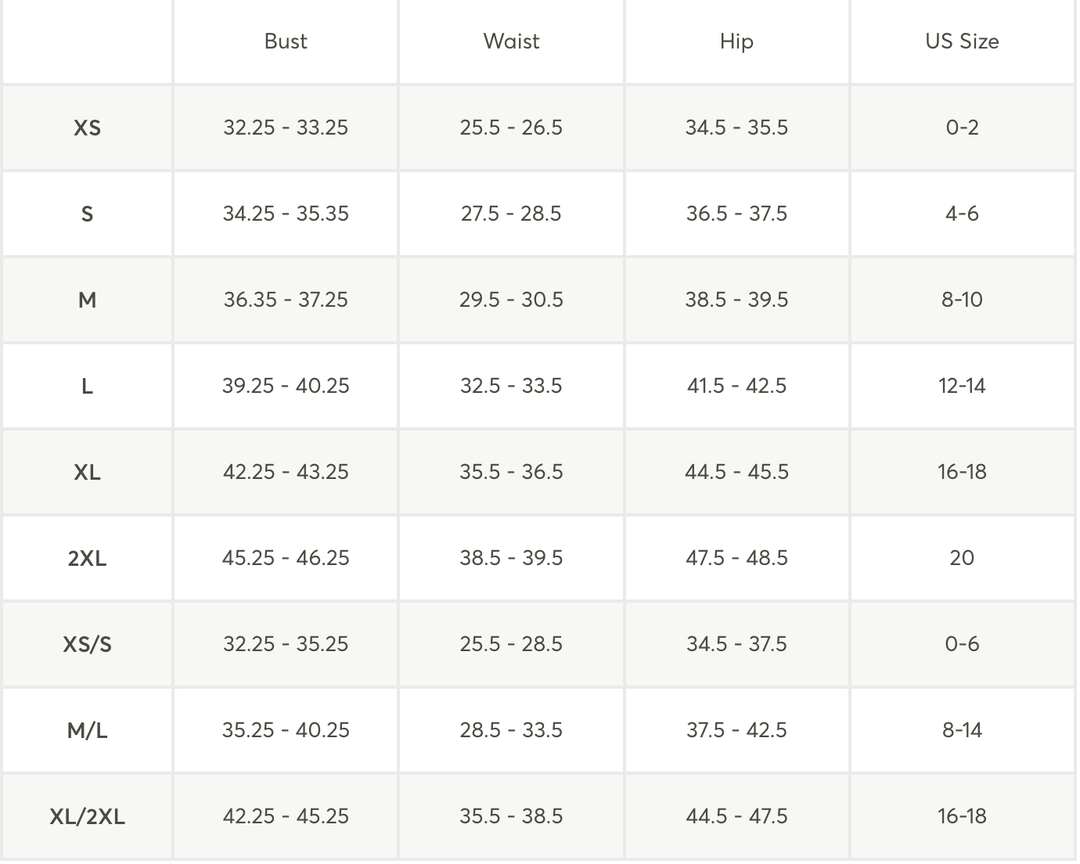 A size chart table showing measurements for Bust, Waist, Hip, and US Size acrossXS, S, M, L, XL, 2XL, XS/S, M/L, and XL/2XL categories.