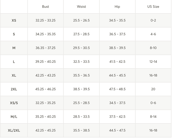 A size chart table showing measurements for Bust, Waist, Hip, and US Size acrossXS, S, M, L, XL, 2XL, XS/S, M/L, and XL/2XL categories.