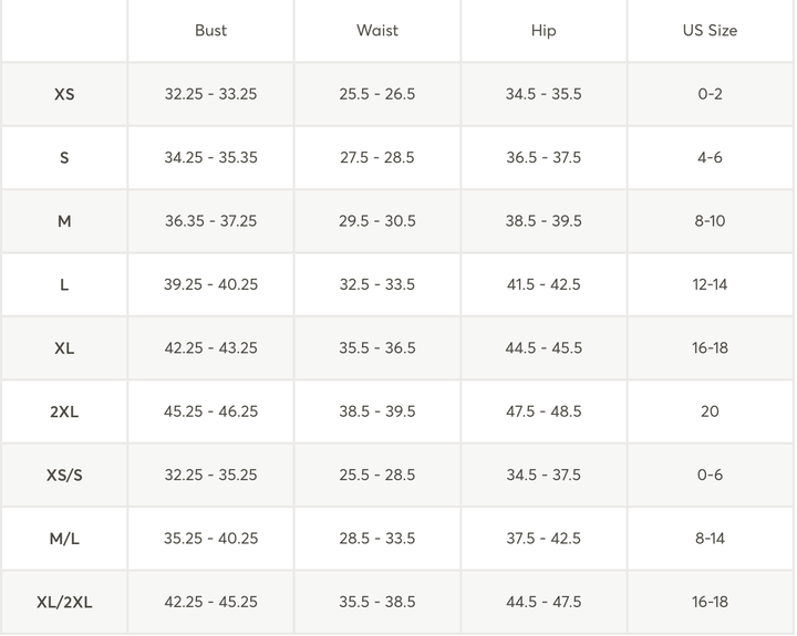 A size chart table showing measurements for Bust, Waist, Hip, and US Size acrossXS, S, M, L, XL, 2XL, XS/S, M/L, and XL/2L.