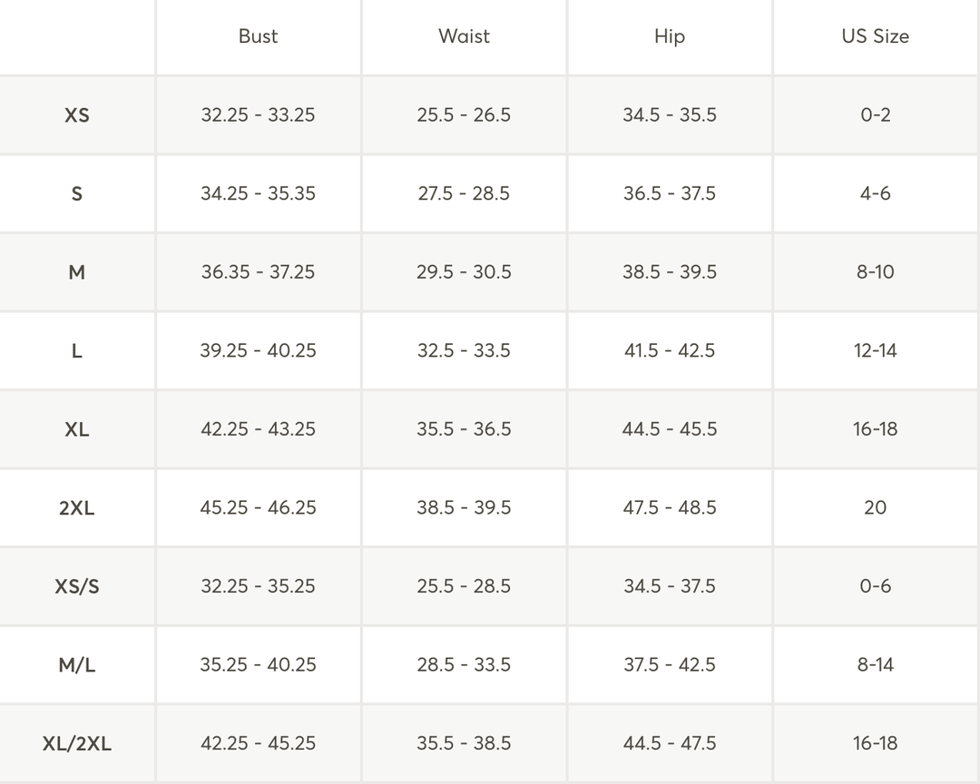 A size chart table showing measurements for Bust, Waist, Hip, and US Size, with rows forXS through XL/2XL.
