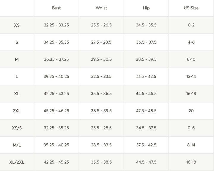 A size chart table showing measurements for Bust, Waist, Hip, and US Size, with rows forXS through XL/2XL.