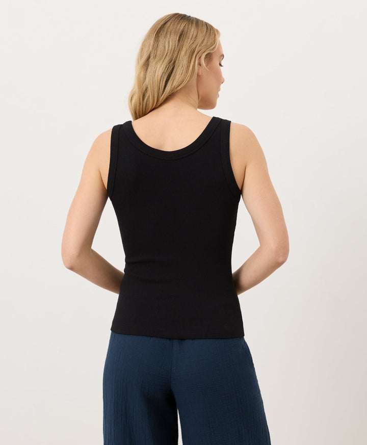 Person wearing a black tank top and blue pants on a light gray background