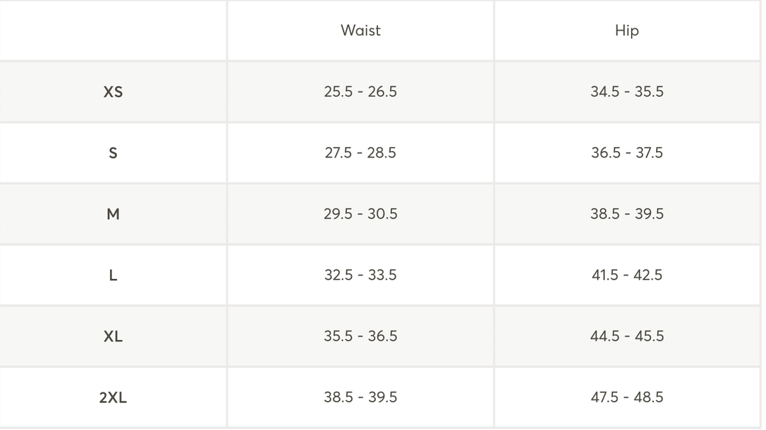 A size chart table showing waist and hip measurements forXS, S, M, L, XL, and 2XL sizes.