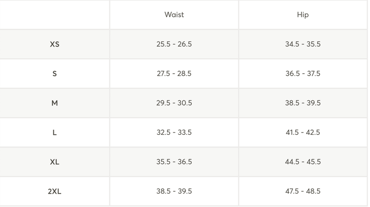 A size chart table showing waist and hip measurements forXS, S, M, L, XL, and 2XL sizes.