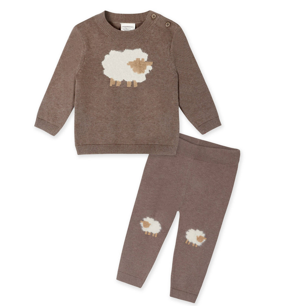 Organic Sheep Jacquard Knit Baby Pullover & Pant Set | Cocoa Heather - Echo Market