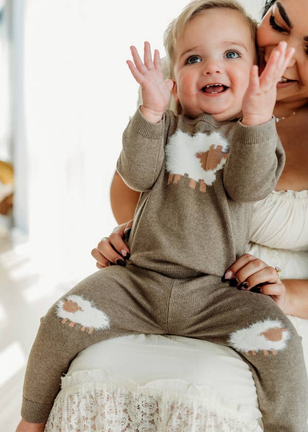 Organic Sheep Jacquard Knit Baby Pullover & Pant Set | Cocoa Heather - Echo Market