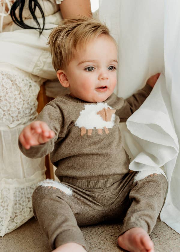 Organic Sheep Jacquard Knit Baby Pullover & Pant Set | Cocoa Heather - Echo Market