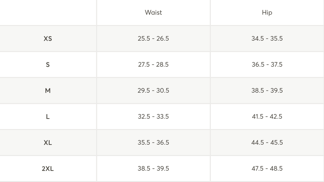 A size chart table showing waist and hip measurements by size: XS, S, M, L, XL, and 2XL.