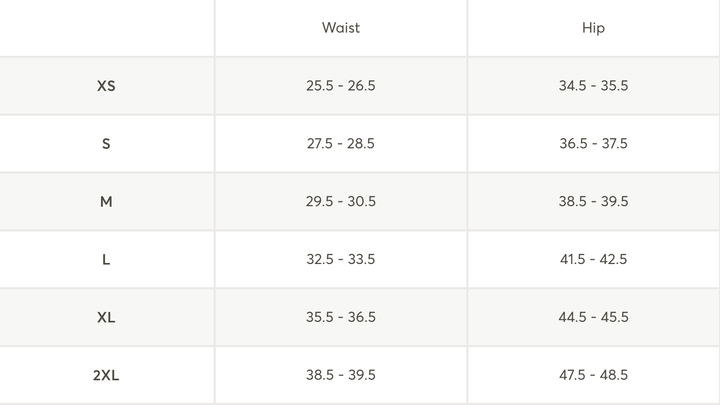 A size chart table showing waist and hip measurements by size: XS, S, M, L, XL, and 2XL.