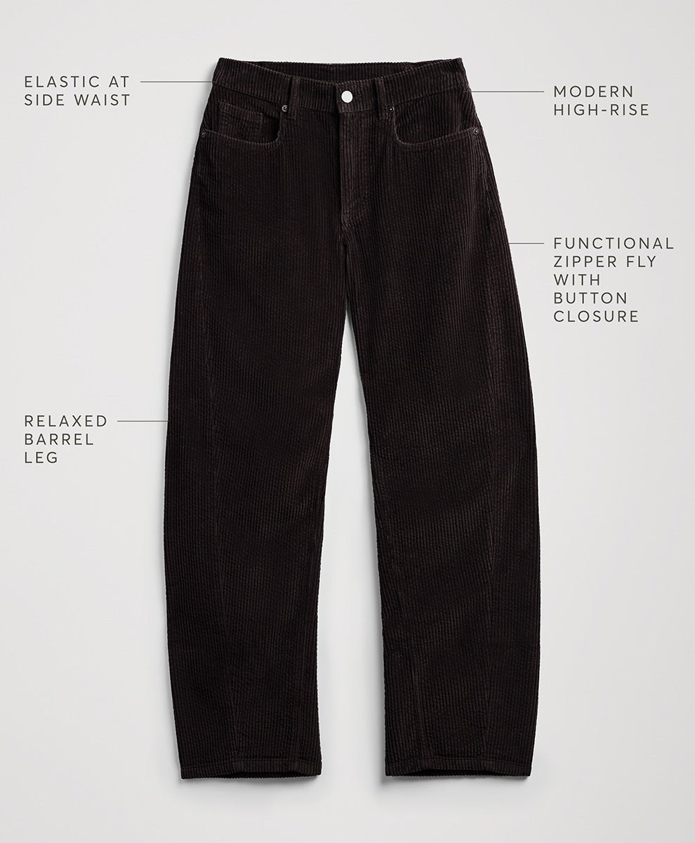 Espresso corduroy pants laid flat on a light gray background with text callouts describing features like elastic at the side waist, modern high-rise, and relaxed barrel leg.