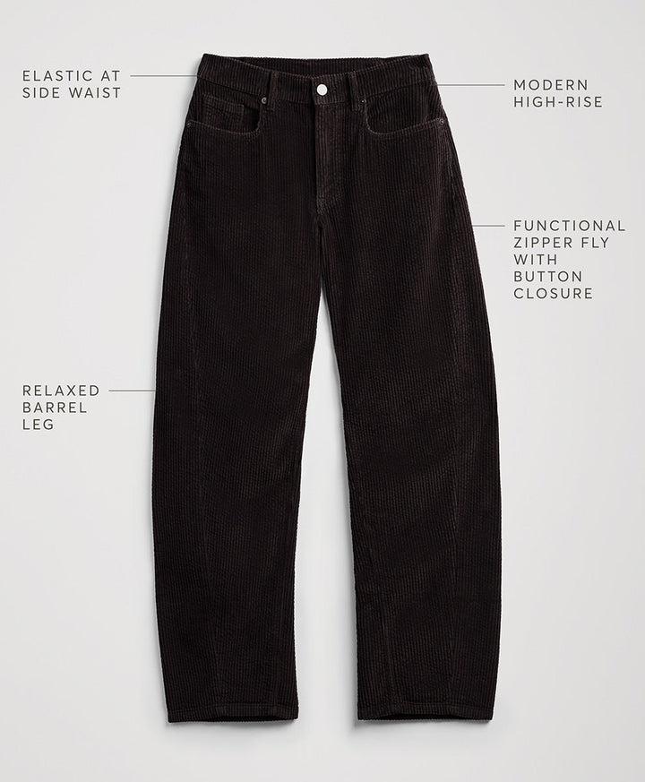 Espresso corduroy pants laid flat on a light gray background with text callouts describing features like elastic at the side waist, modern high-rise, and relaxed barrel leg.