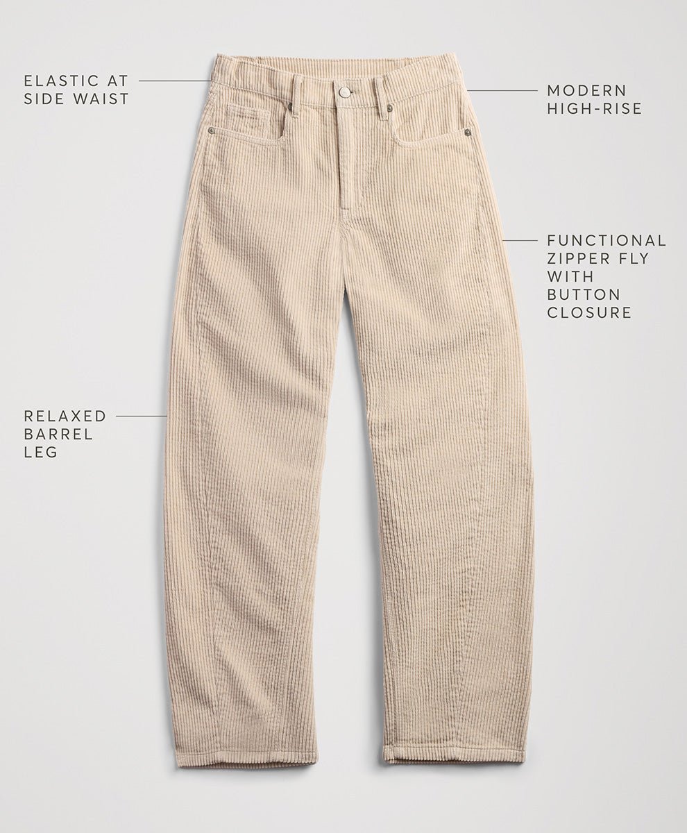 Parchment corduroy pants laid flat on a light gray background with text callouts describing features like elastic at the side waist, modern high-rise, and a relaxed barrel leg.