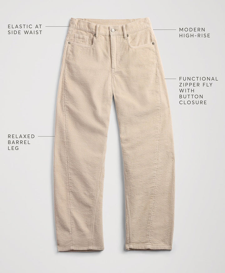 Parchment corduroy pants laid flat on a light gray background with text callouts describing features like elastic at the side waist, modern high-rise, and a relaxed barrel leg.