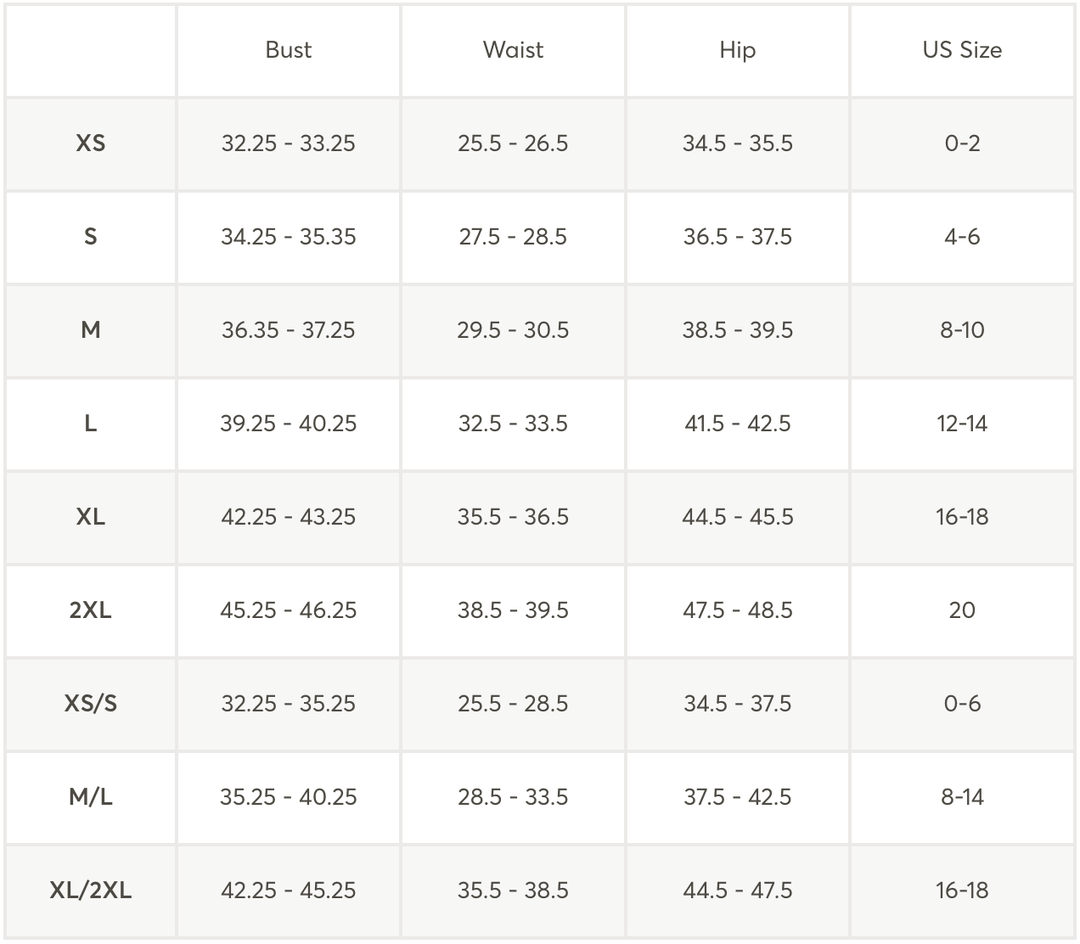 Table displaying clothing size chart with measurements and US sizes.