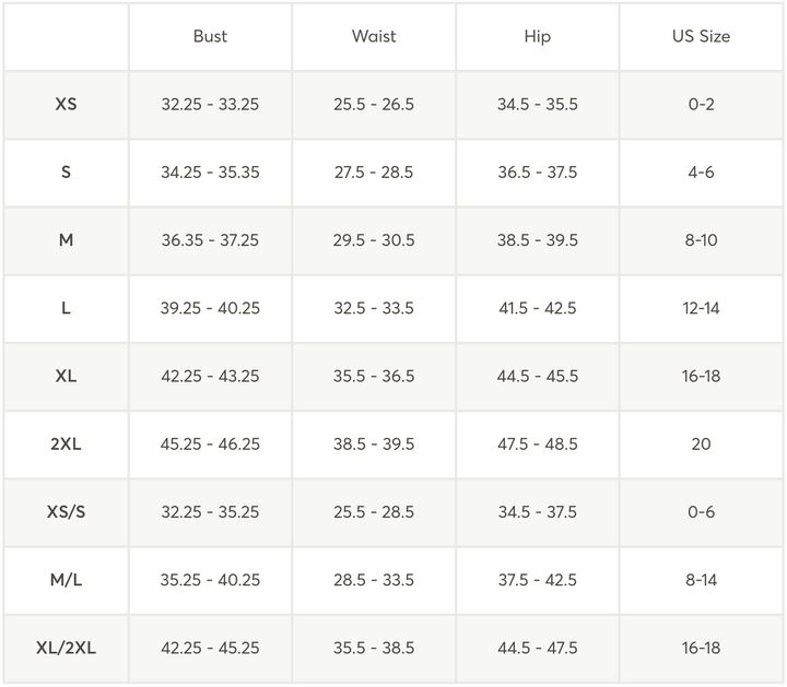 Table displaying clothing size chart with measurements and US sizes.
