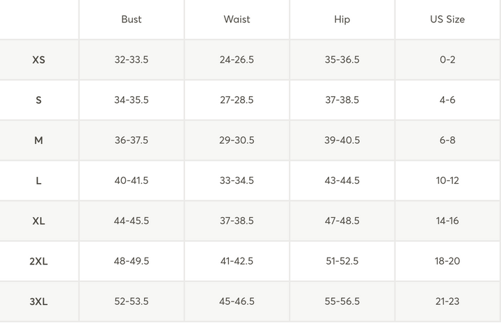 A size chart table with columns for Bust, Waist, Hip, and US Size, listingXS through 3XL sizes in a clean grid format.