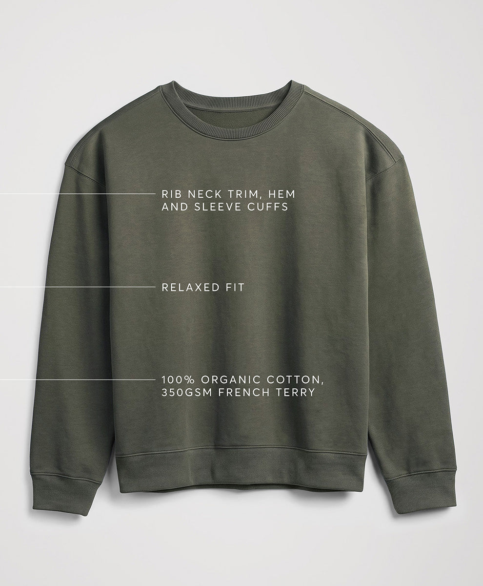 A pact dusted green sweatshirt shown on a plain white background.