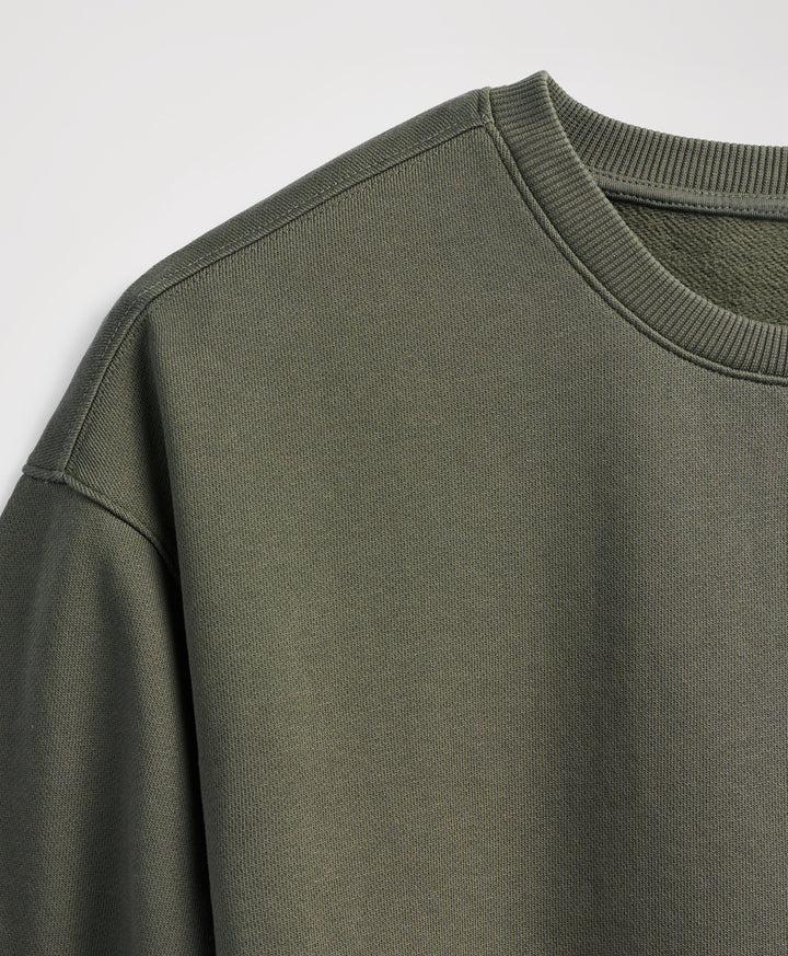Close-up of a crewneck sweatshirt in dusted green, showing the ribbed collar and shoulder seam against a light gray background.