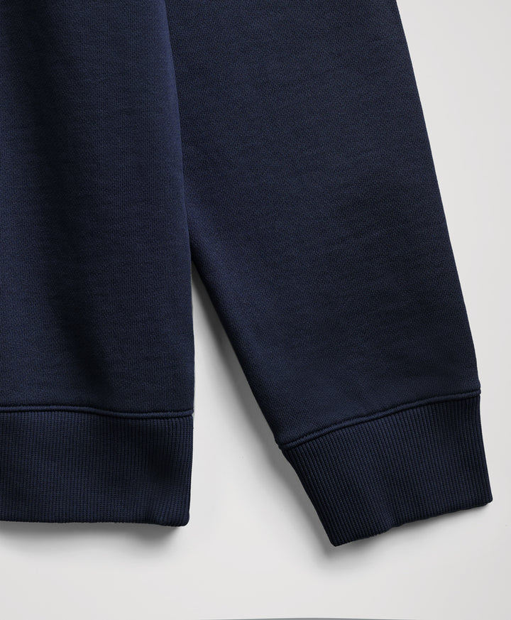 Close-up of a navy blue sweatshirt sleeve showing the ribbed cuff against a light gray background.