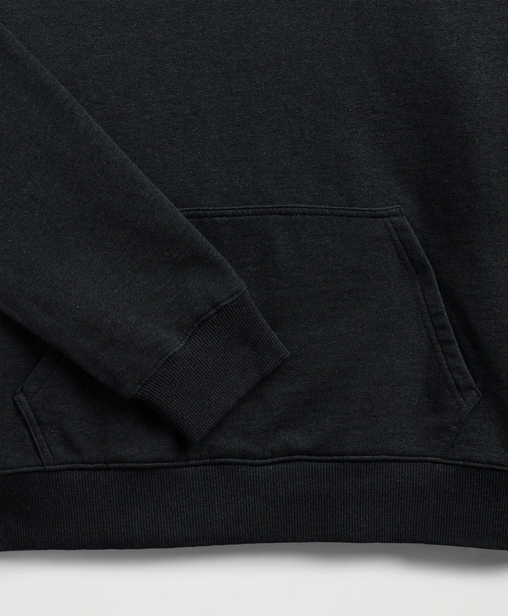 Close-up of a charcoal heather sweatshirt showing the sleeve cuff, ribbed hem, and a front kangaroo pocket.