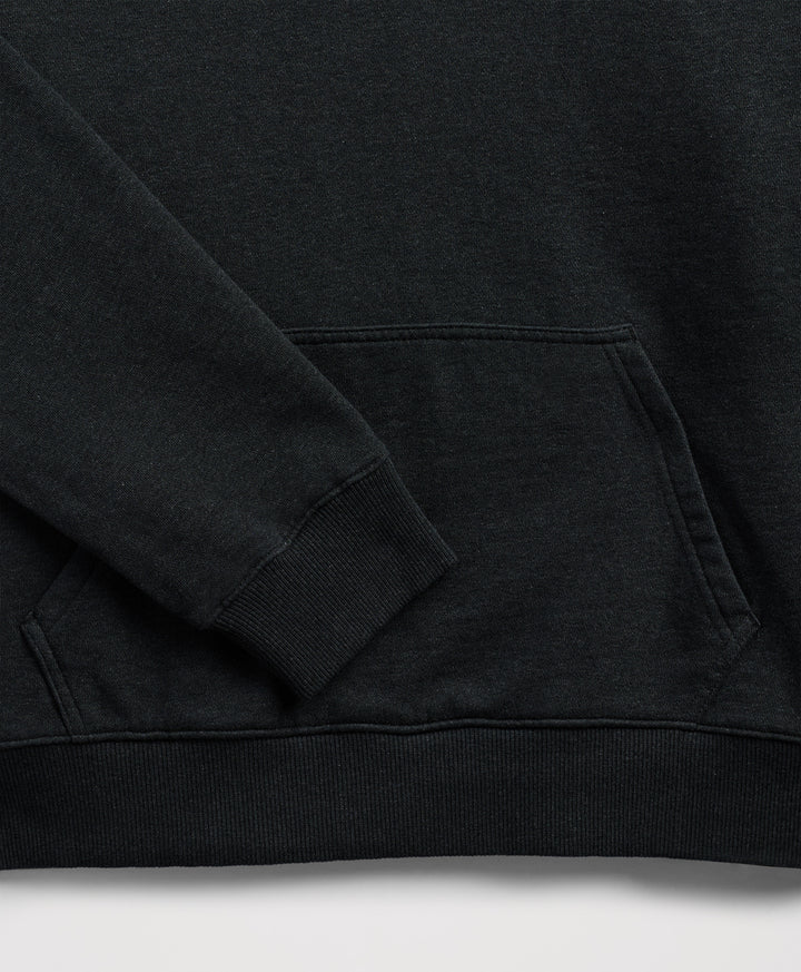 Close-up of a charcoal heather sweatshirt showing the sleeve cuff, ribbed hem, and a front kangaroo pocket.